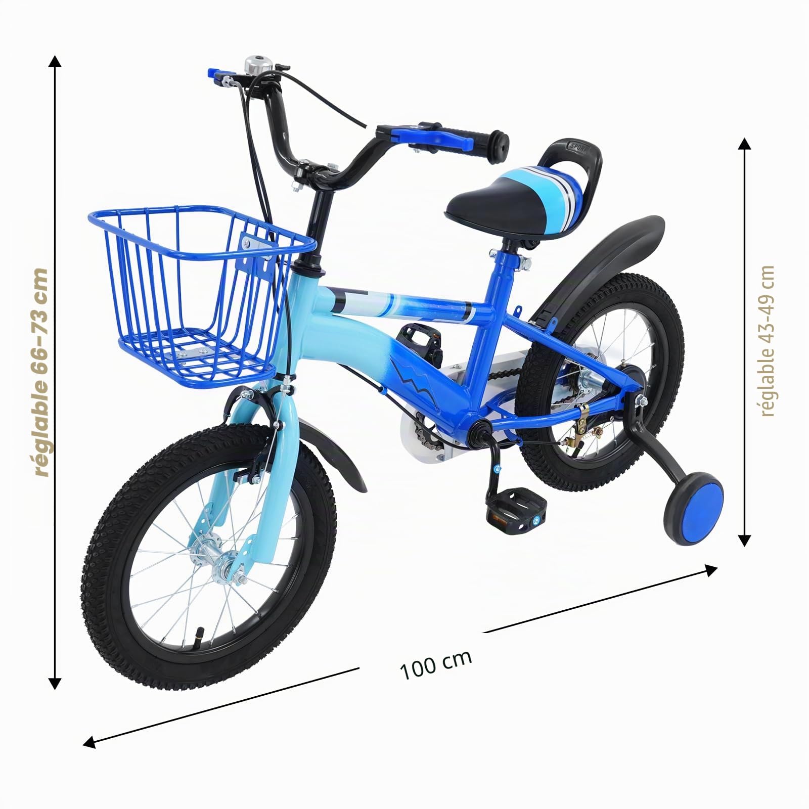 Vélo pour enfant de 14 pouces, avec roues stabilisatrices, pour garçons et filles de 3 à 6 ans, léger et robuste, cadre en acier au carbone de haute qualité, siège et guidon réglables, freins