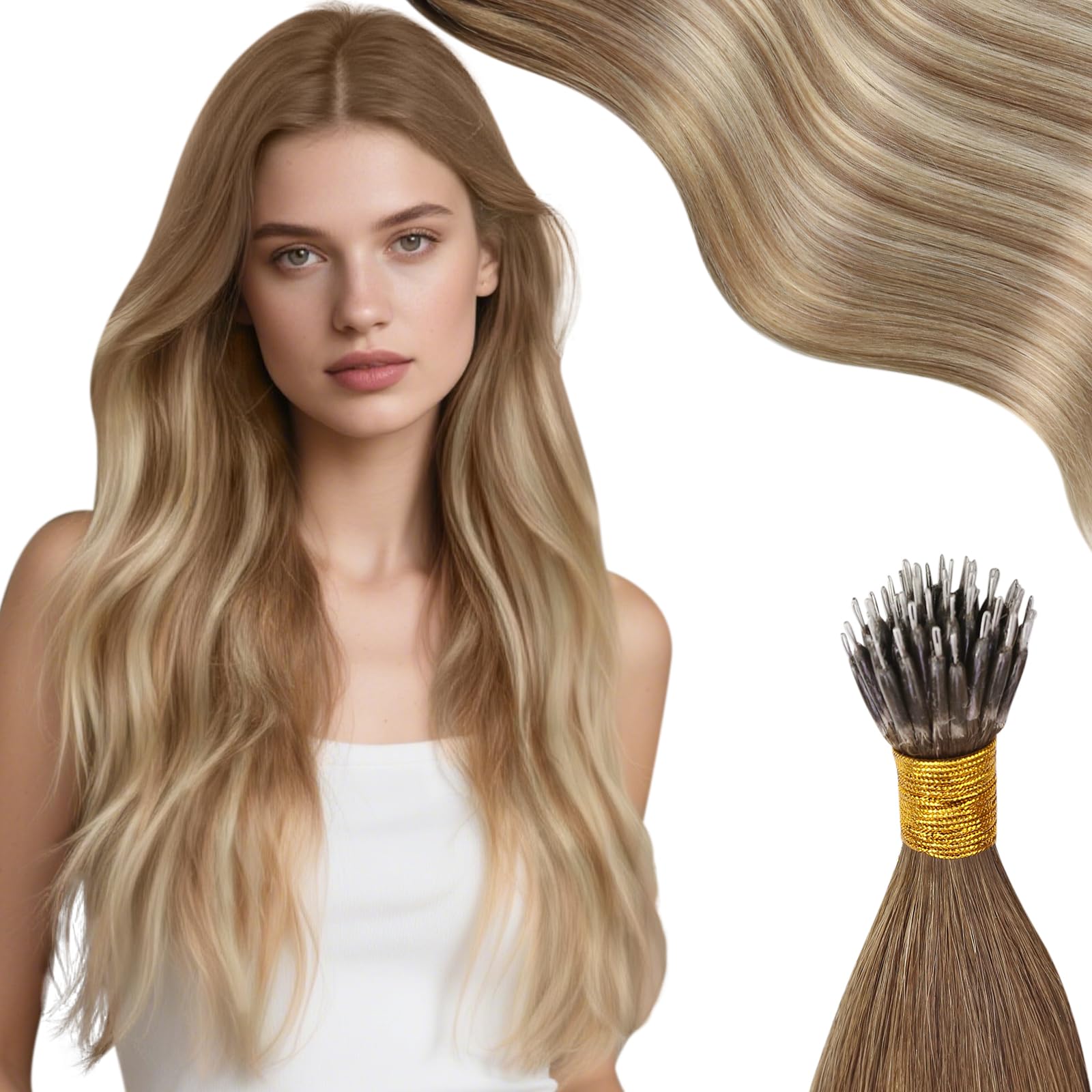Moresoo Nano Hair Extensions Real Human Hair Balayage Light Brown with Medium Blonde Nano Beads Hair Extensions 14 Inch 1G/S 50G/Pack #8/22/8