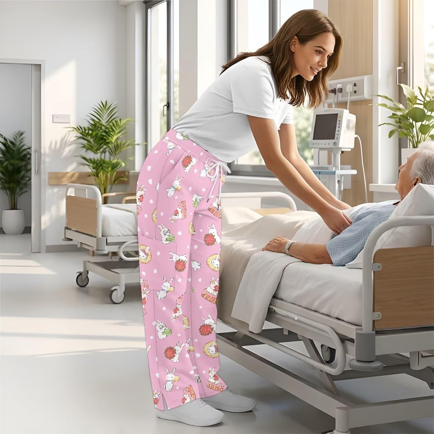 Scrubs Set for Women Printed Stretch V-Neck Scrub Tops with Pants, 6 Pocket Medical Uniform for Nurse Doctor Work