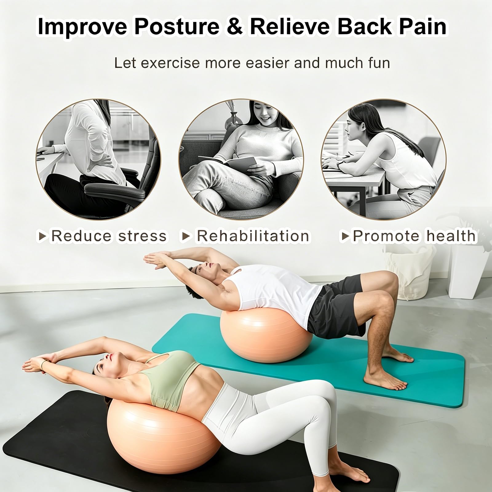 YR Palla da yoga grande, 55/65/75 cm, per allenamento, gravidanza | PVC, anti scoppio, antiscivolo, palestra a casa, sedia da ufficio, allenamento di base, allenamento dell'equilibrio