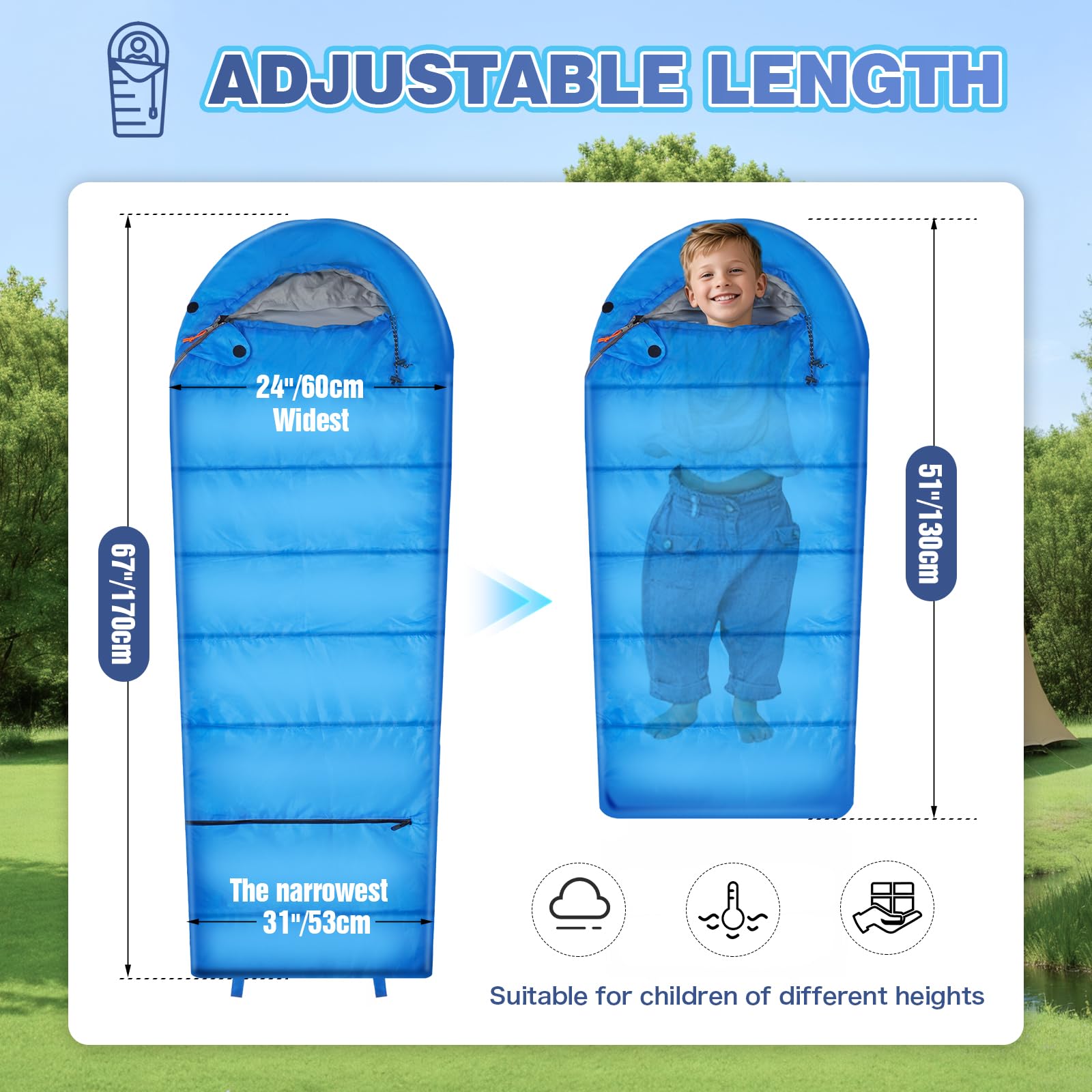 REDCAMP Saco de dormir infantil para niños y niñas, 175 x 65 cm, saco de dormir momia, 100% algodón, forro interior, saco de dormir ligero y cálido, con longitud ajustable y 3 estaciones para camping