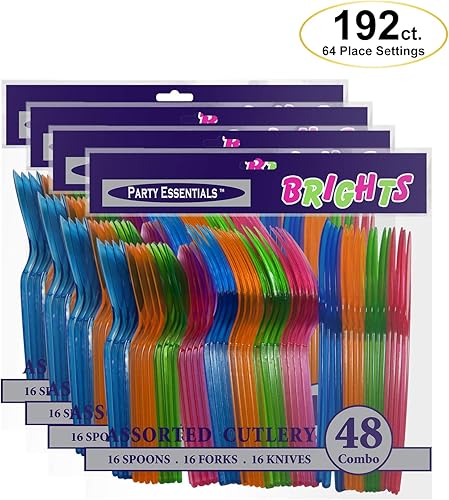 Miniatura 3 de Party Essentials Paquete combinado de cubiertos de plástico duro, 64 ajustes de lugar, varios colores de neón, N124890-4,192