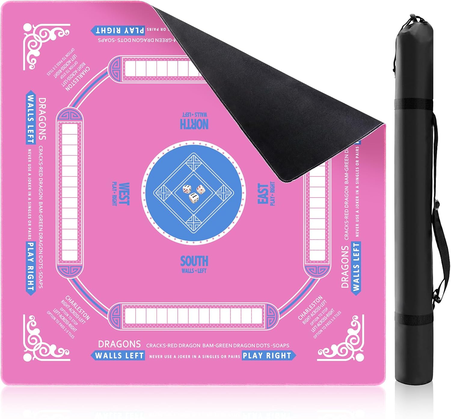 HoRiMe Mahjong Mat for Table 33” x 33”, Premium Non-Slip Noise-Reducing Table Cover, 2mm Thick Waterproof Rubber Game Mat with Carrying Bag – Foldable Mahjong Table Mat for Card & Board Games (Pink)