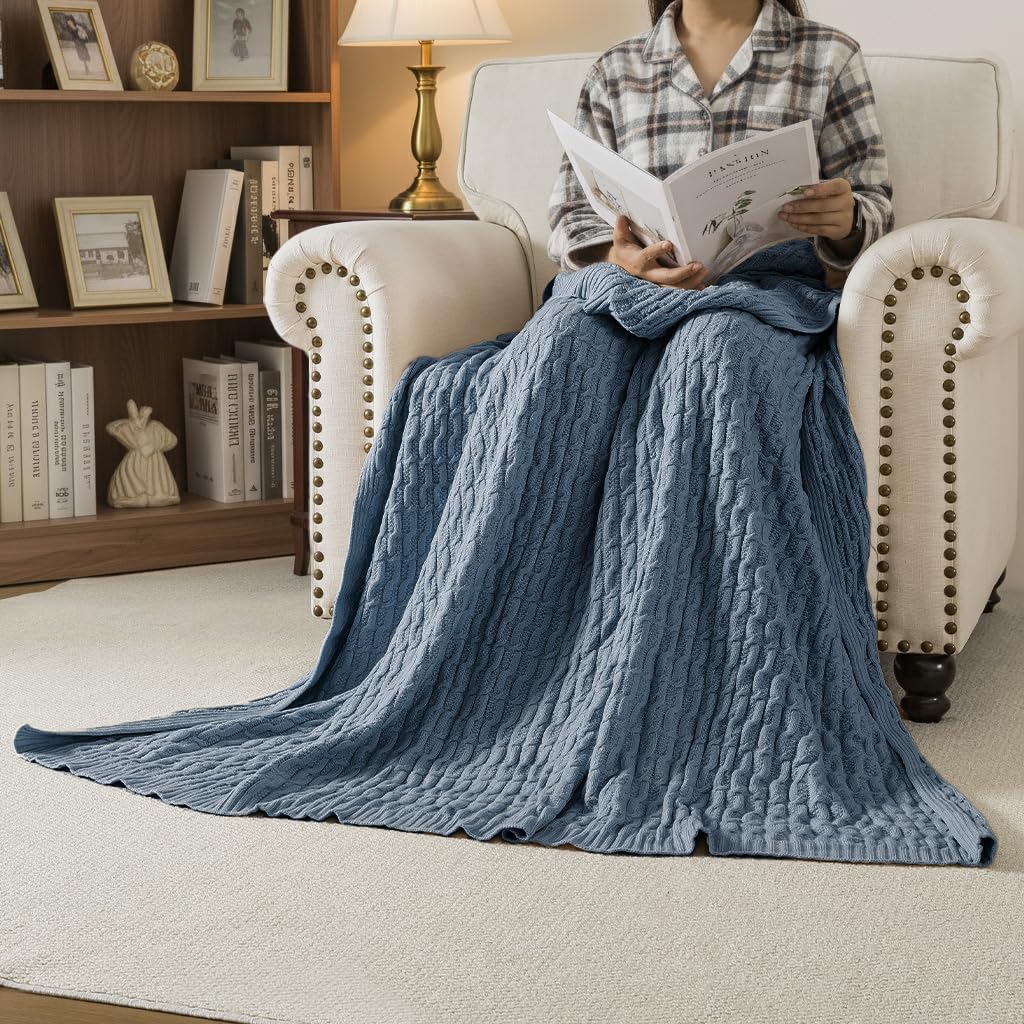 WDCOZY Cable Knit Throw Blanket – Super Soft, Warm & Lightweight Knitted Jacquard Throw Blanket for Couch, Sofa, Bed, Chair, Cozy Texture Farmhouse Decorative Home Blanket, Blue 50x60 inches - Image 2
