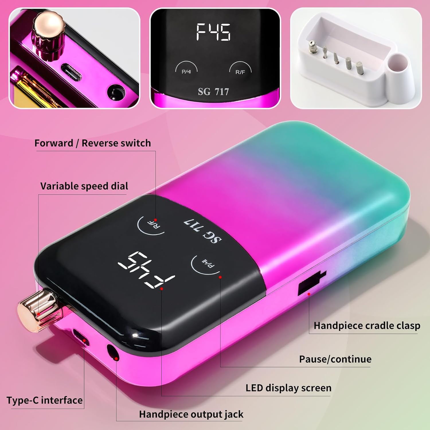 LIMEGIRL Professional Electric Nail File Drill Bits Kit 45000RPM for Acrylic Toenail Machine Clippers with 14 Drill Bit Gradient Green Portable Rechargeable Cordless