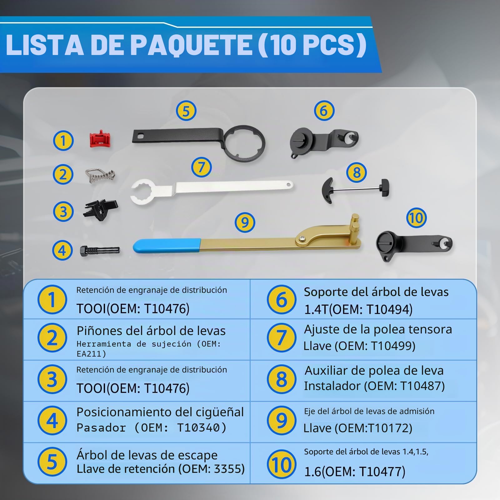 RUIZHI 10 piezas de herramientas de correa dentada para motores VAG EA211 1.0L 1.2L 1.4L 1.6L FSI TSI TSI TSI TFSI, T10340, T10476, T10477, T10487, T10494, T10499 para VW, Audi A3, Golf VII, Jetta