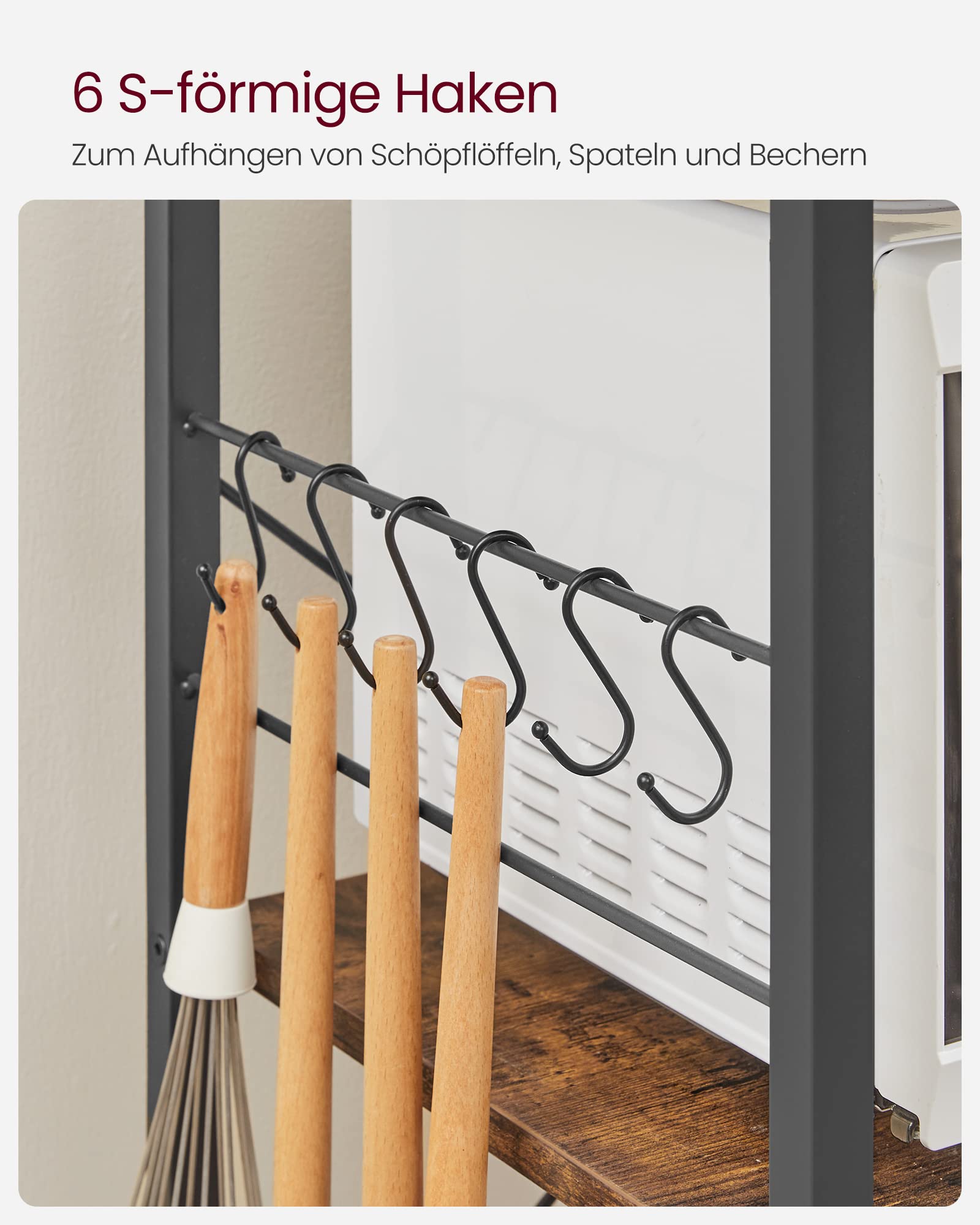 VASAGLE Küchenregal, Standregal, Bäckerregal mit Metallkorb, 6 Haken, Mikrowellenregal, für Gewürz, Töpfe und Pfannen, 40 x 90 x 134 cm, vintagebraun-schwarz KKS35X