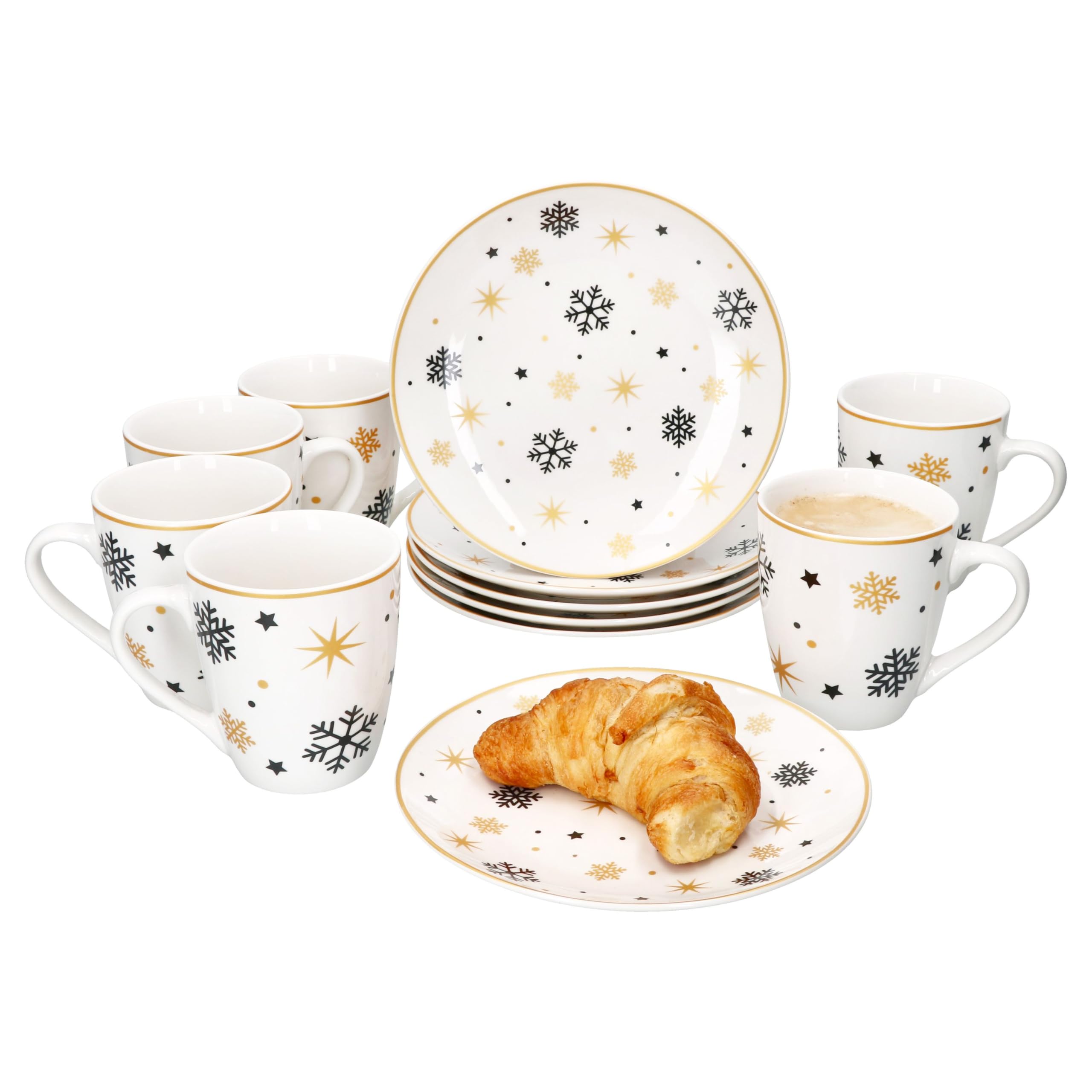 MamboCat Stars schwarz & gold 12tlg Frühstücksset I Je 6x kleine Frühstücksteller & Kaffeebecher 300ml für 6 Personen mit Sternen & Schneeflocken I Weihnachten