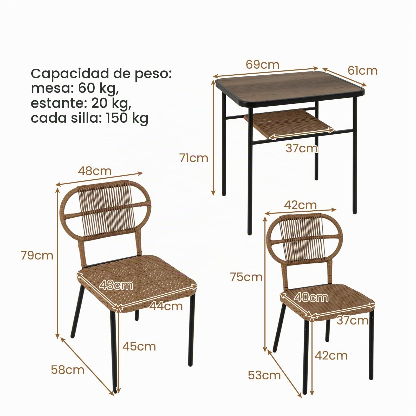 LIFEZEAL Comedor de jardín con 2 sillas y Mesa de Madera | Conjunto de terraza con sillas de mimbre PE, estante y estructura metálica para patio y piscina