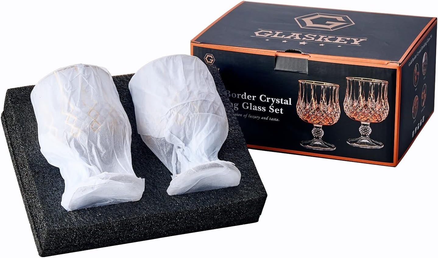 GLASKEY Crystal Brandy and Cognac Snifter Glasses Set of 2-24K Gold Hand Decorated,Short Stem Cognac Glass Brandy Goblets for Bourbon,Scotch,Tequila,Armagnac,Rum,Gift Ideas-7oz