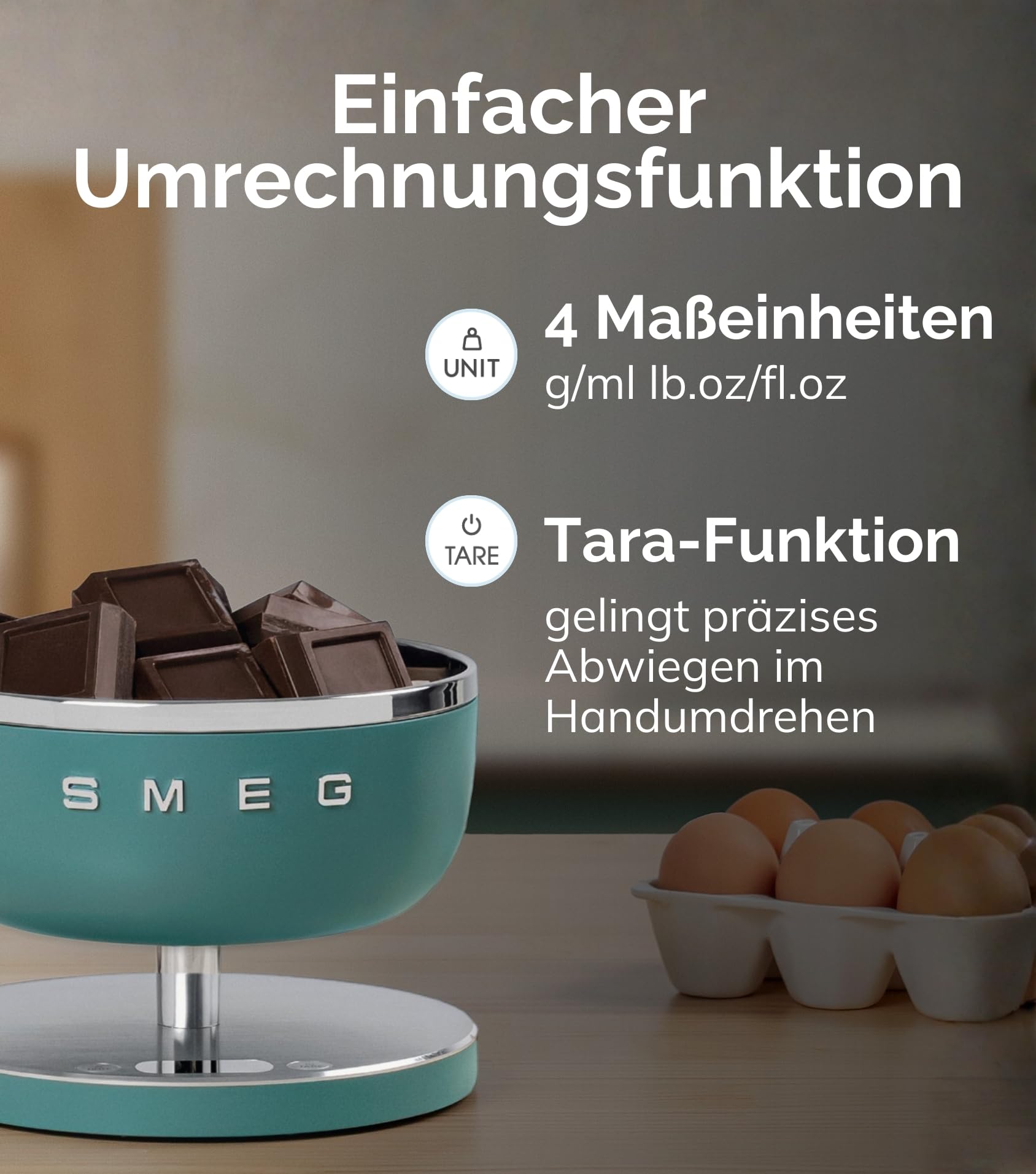Smeg, Digitale Küchenwaage KSC01BLMWW, abnehmbare Edelstahlschüssel, vier Messeinheiten g/ml und lb.oz/fl.oz, mit Tara-Funktion, Maximale Kapazität 5kg, Schwarz