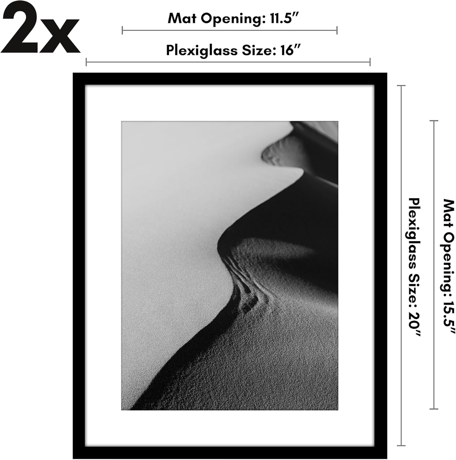 Americanflat 16x20 Picture Frame with Polished Plexiglass - Set of 2 - Use as 12x16 Frame with Mat or Display 16x20 Photo Without Mat - Galleria Collection - Picture Frames for Wall Display - Black