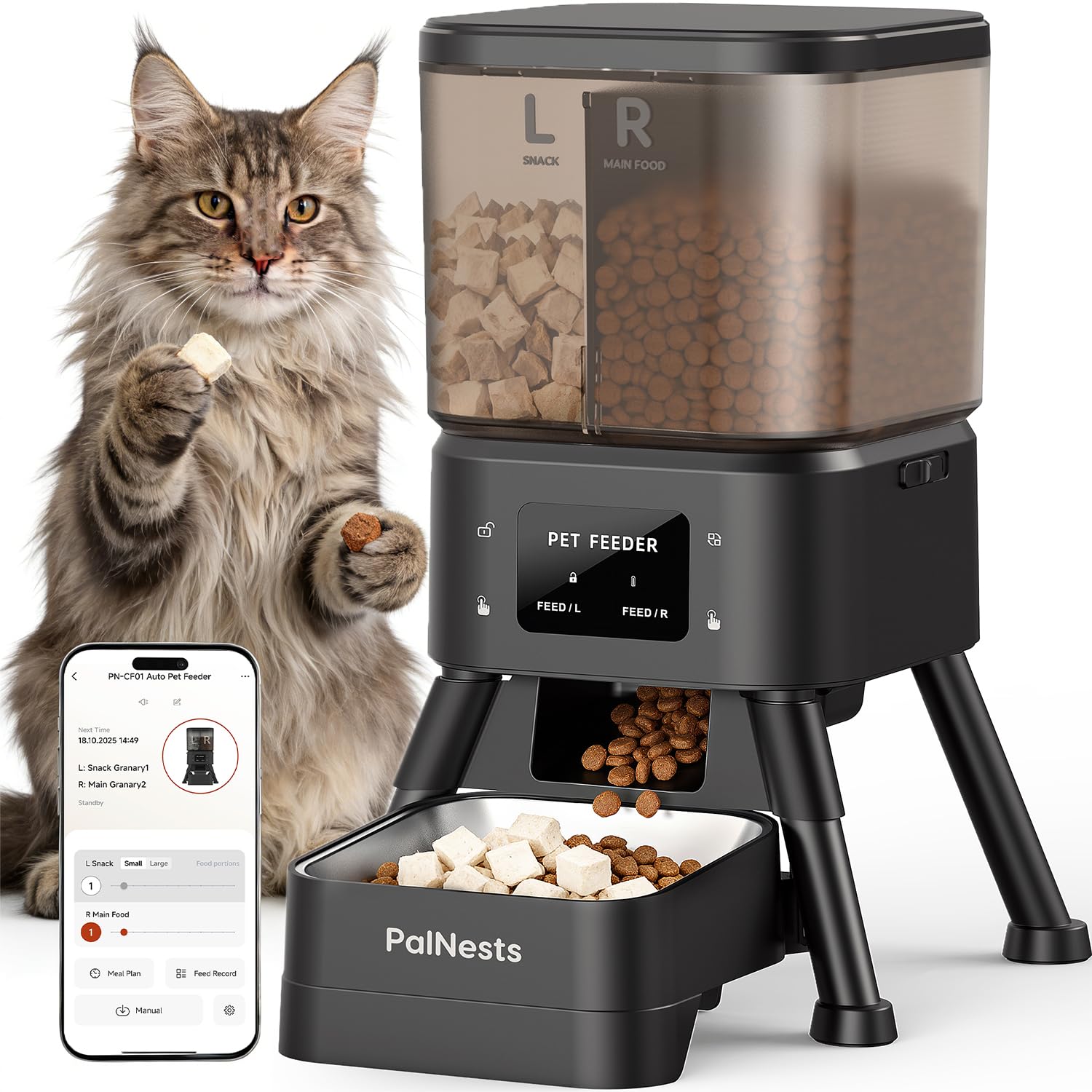 PalNests Dual Chamber Automatic Cat Feeder, Smart WiFi Pet Food Dispenser with 2.4&5G WiFi App, Custom Schedule & Portion Control for Dry Food and Treats, 4L, Black