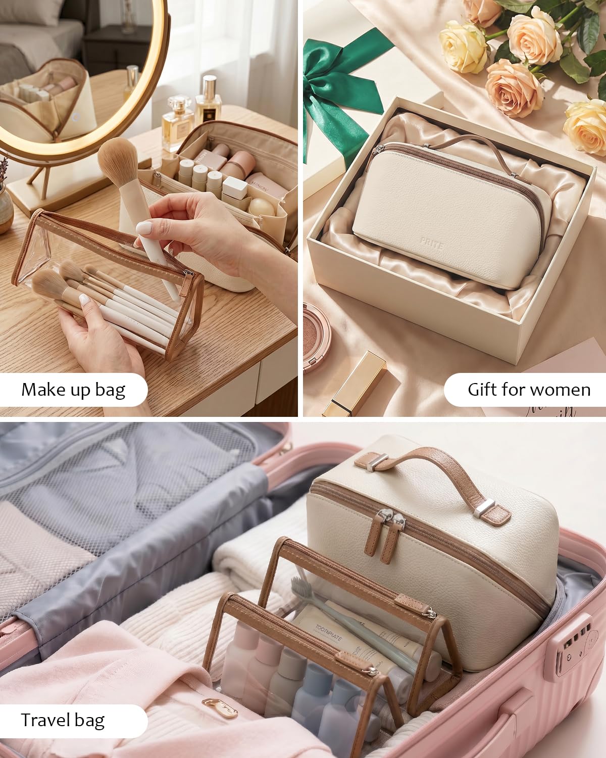 Prite 3 Pcs Trousse de Maquillage Voyage Femme avec 2 Poches en TPU, Beige | Trousse de Toilette, Vanity Case, 3 Compartiments, Pochette à Pinceaux, Hydrofuge, Cuir Vegan Grainé, Coffret Cadeau Inclus