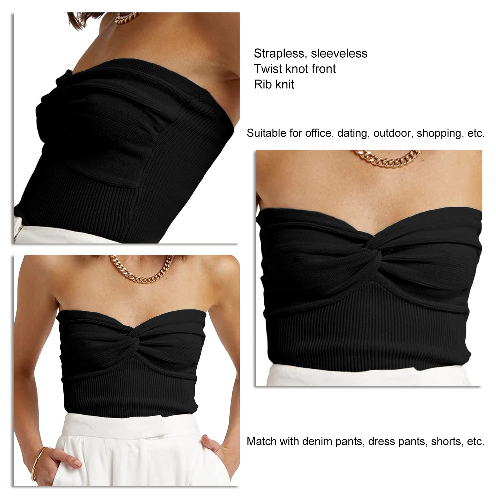 Top a Fascia Estivo da Donna Senza Spalline Senza Maniche al Largo della Spalla Top a Costine a Pieghe in Maglia Sexy Camicetta Canotte Party Top Corti Crop Top Tunica(S-Nero)