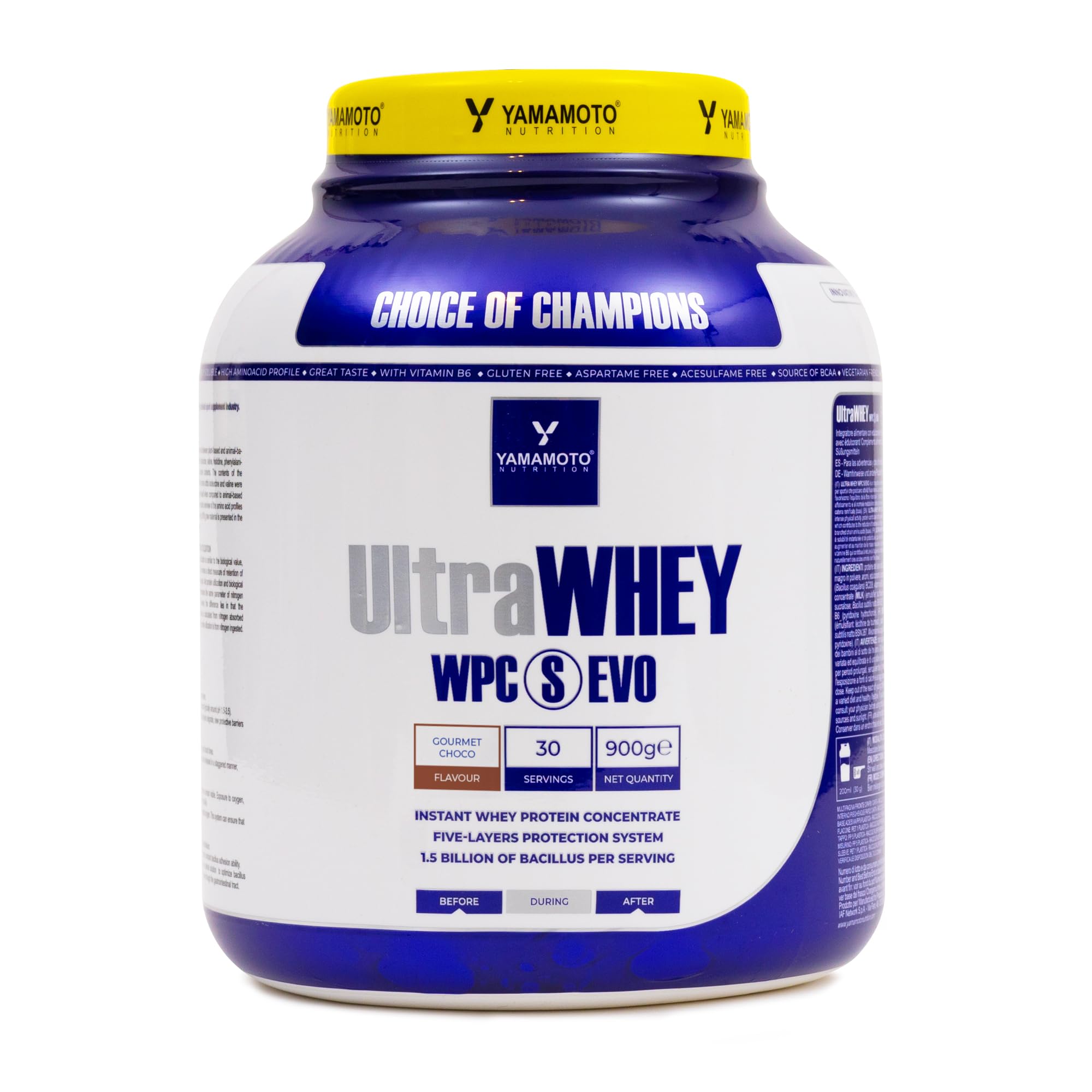 YAMAMOTO NUTRITION Ultra Whey WPC S EVO 900 gr, Integratore Alimentare di Proteine del Siero Concentrate e Spore di Bacillus, Aumento Massa Muscolare, Gusto Cioccolato