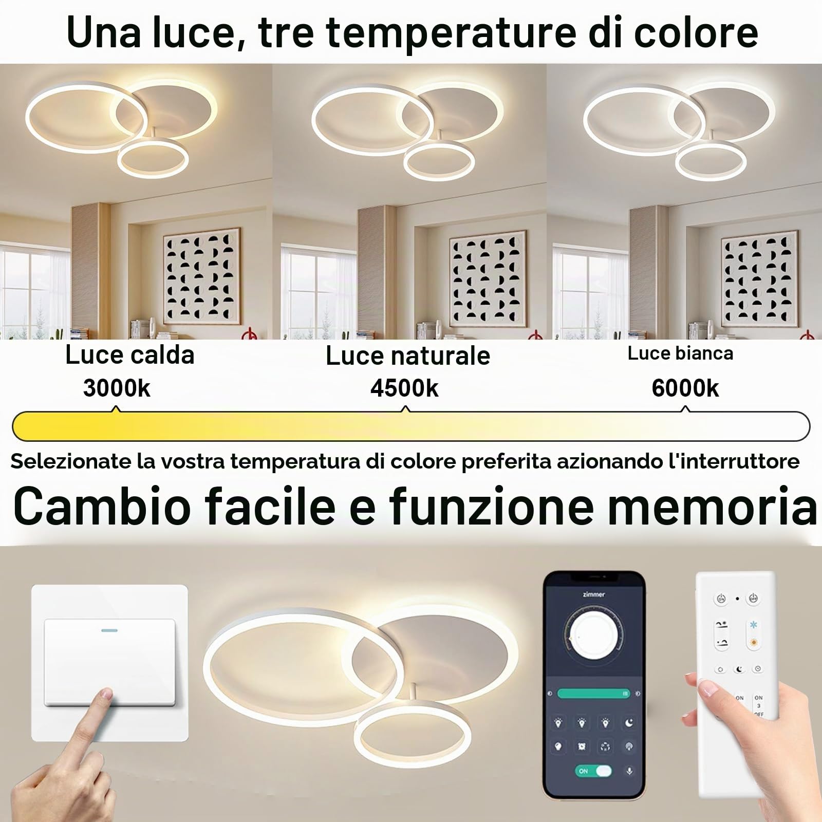 Plafoniera LED Soffitto,65CM Lampadario Camera da Letto Dimmerabile 3000K-6000K in Alluminio,Lampadario LED Soffitto 54W 5400lm per Camera da Letto, Salone, con Telecomando, Tre cerchi