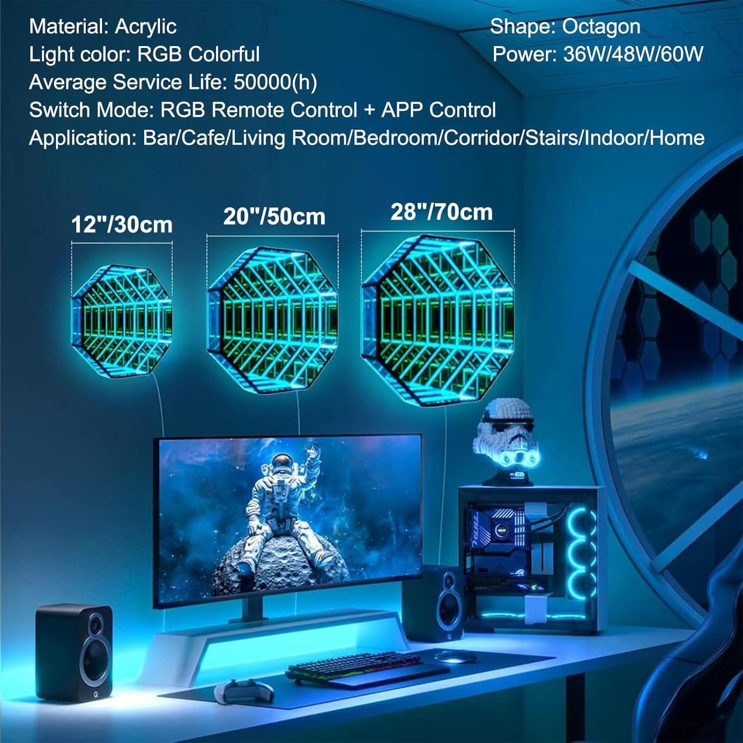 RGB Infinity Mirror Licht, Smart Farbwechsel LED Wanddekoration mit Fernbedienung & App, Dual-Funktion Spiegel und Ambient Light für Schlafzimmer Gaming-Zimmer Wohnzimmer Bar,C-50CM