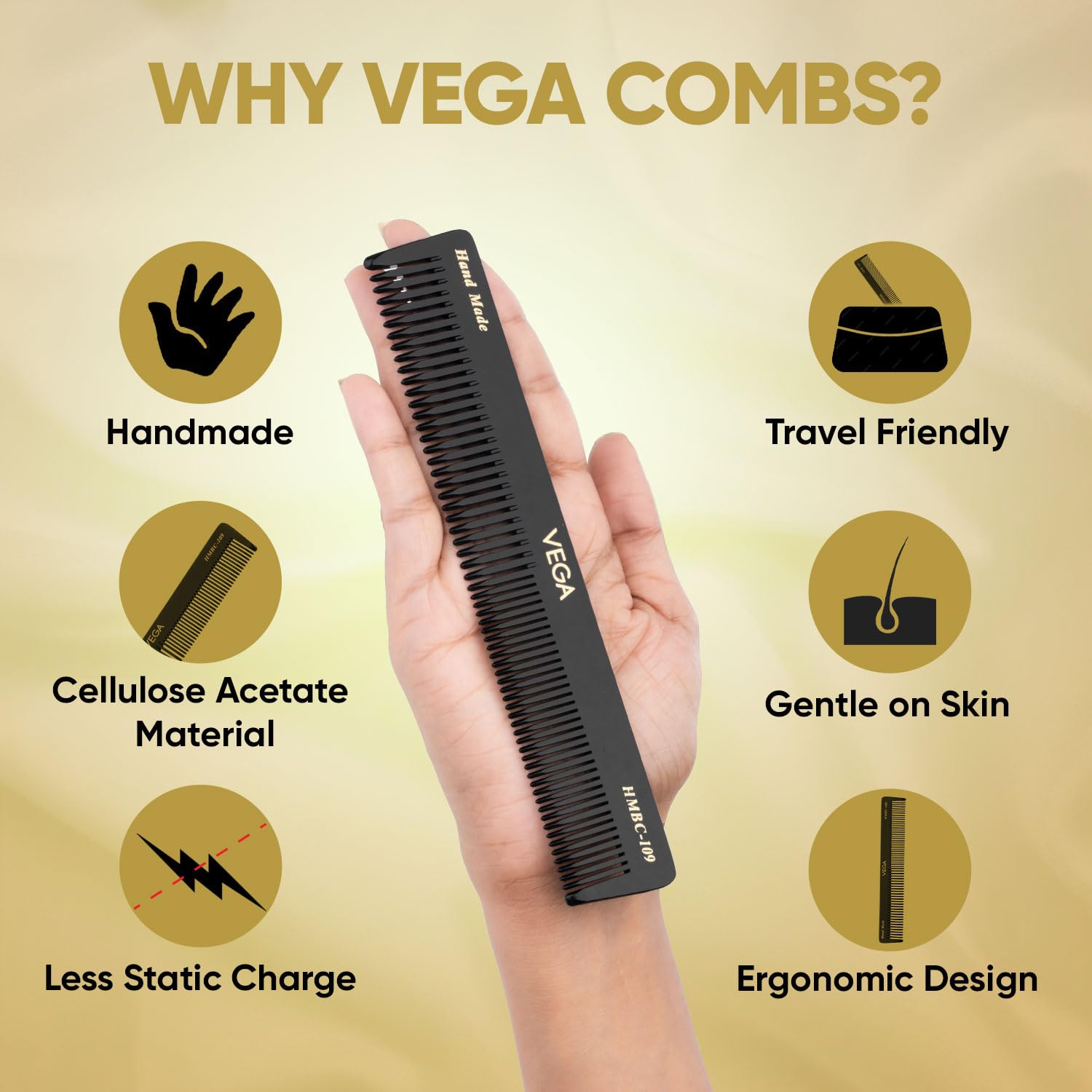 Vega Handcrafted General Grooming Hair Comb for Men & Women, Detangling, Daily Grooming | Cellulose Acetate Derived Non-petroleum Based Material from Plant, (India's No.1* Hair Comb Brand, HMBC-109) 2