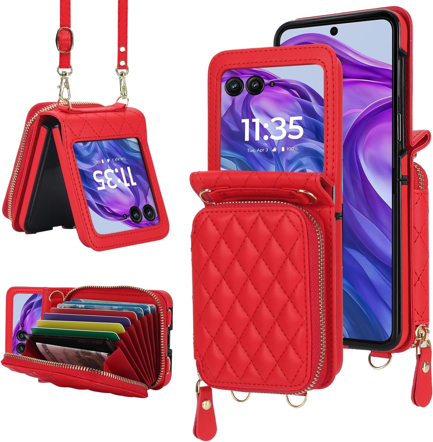 for Motorola Razr 2024 Wallet Case with Crossbody Strap, [RFID Blocking] Large Capacity Card Slot Case Women Girls Premium Leather Zipper Wrist Strap Flip Cover for Motorola Razr 50 2024 Black