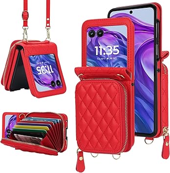 for Motorola Razr 2024 Wallet Case with Crossbody Strap, [RFID Blocking] Large Capacity Card Slot Case Women Girls Premium Leather Zipper Wrist Strap Flip Cover for Motorola Razr 50 2024 Red