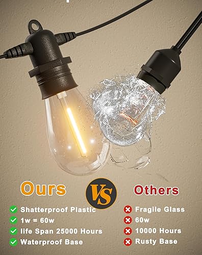 Miniatura 4 de Jerritte Tira de luces LED de 60 pies para exteriores con 16+1 bombillas Edison inastillables IP65, impermeables, regulables de 2700 K, luces