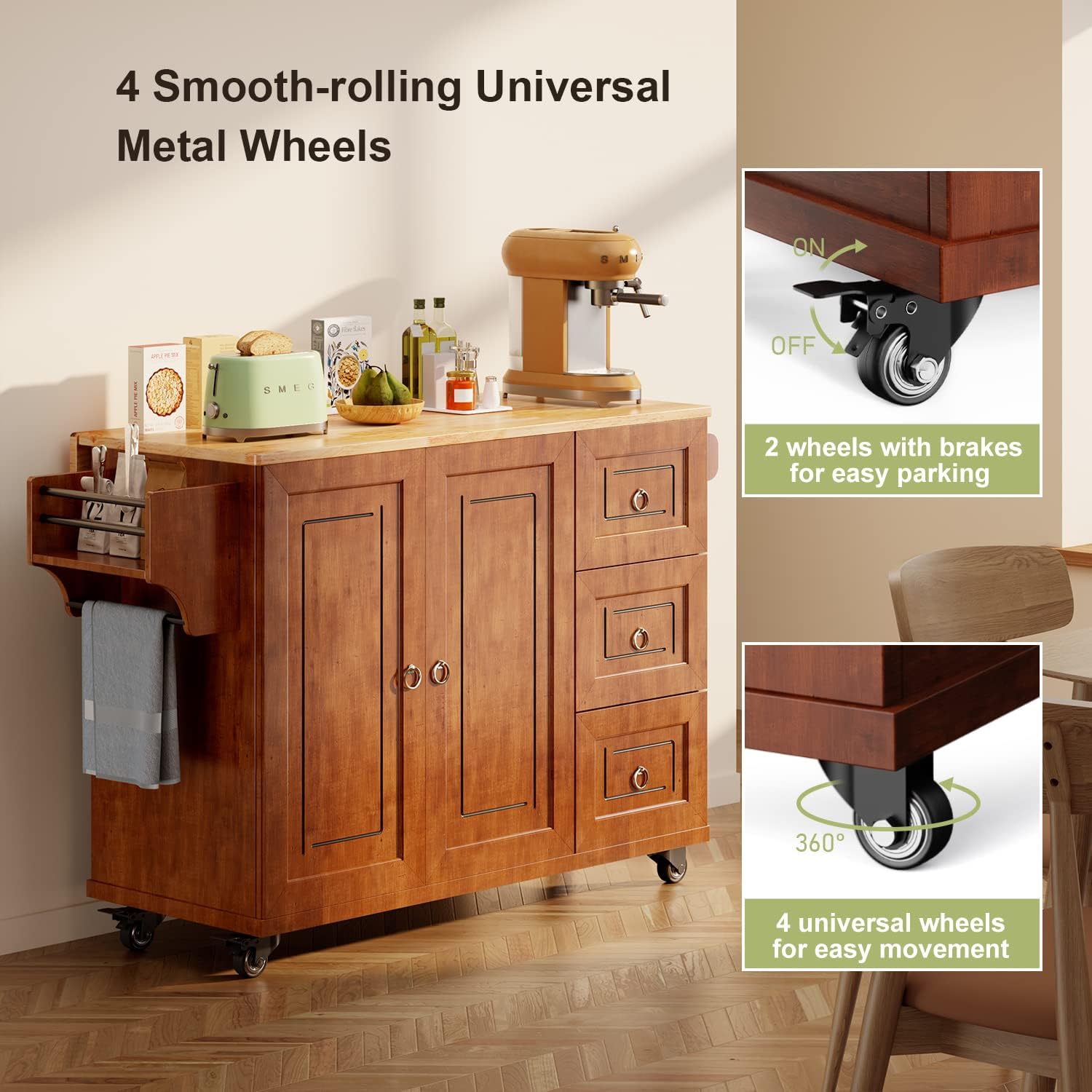 Diagram showing the dimensions of the Qsun Kitchen Island and a single drawer.