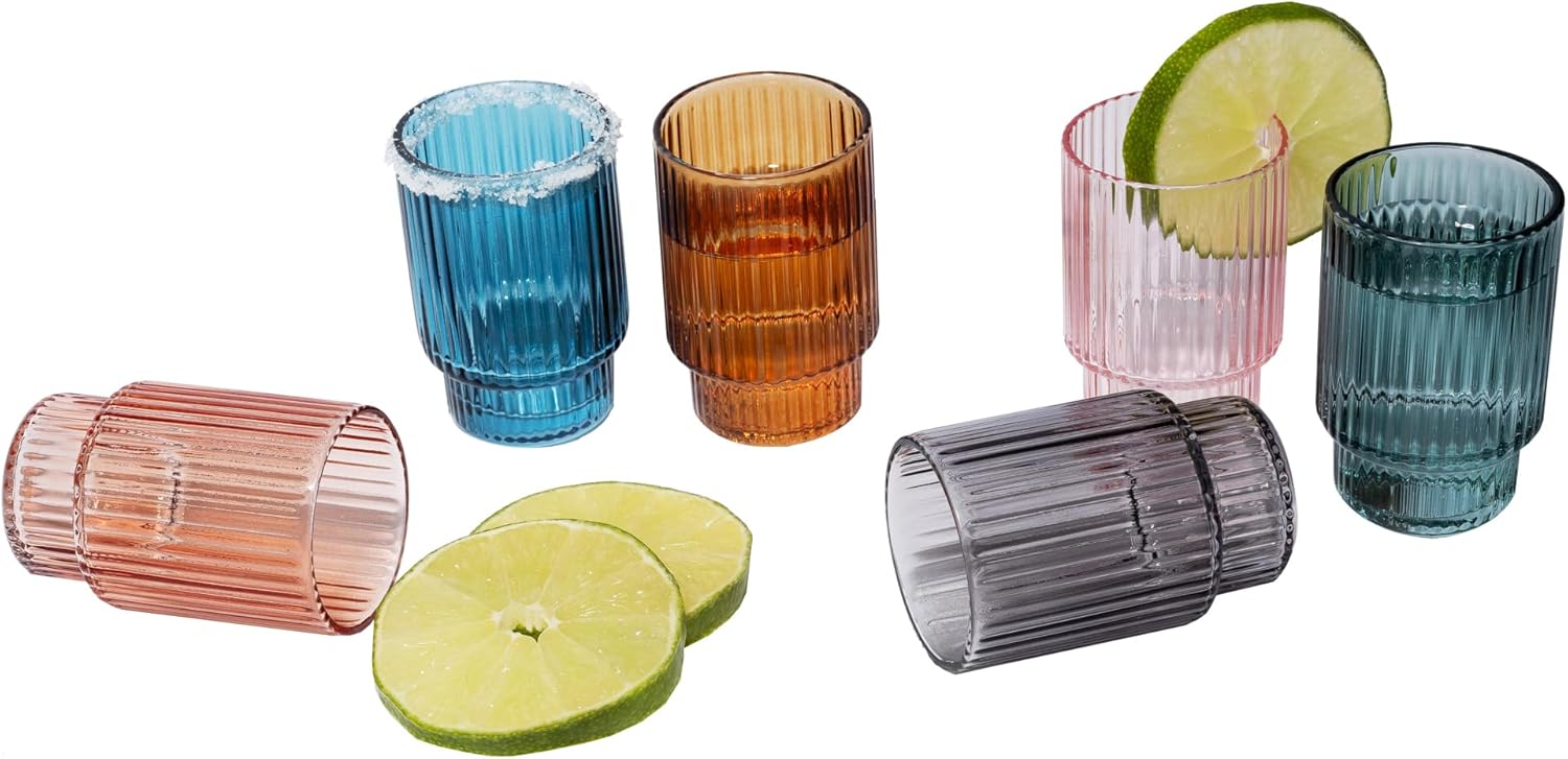 Handmade Art Deco Shot Glasses Set of 6 - Vintage Fancy Shot Glass Set in a Gift-Ready Box - Display-Worthy 1.5 Oz Shot Glasses Hand Blown from Premium Glass - Multicolored, Stackable Ribbed Design
