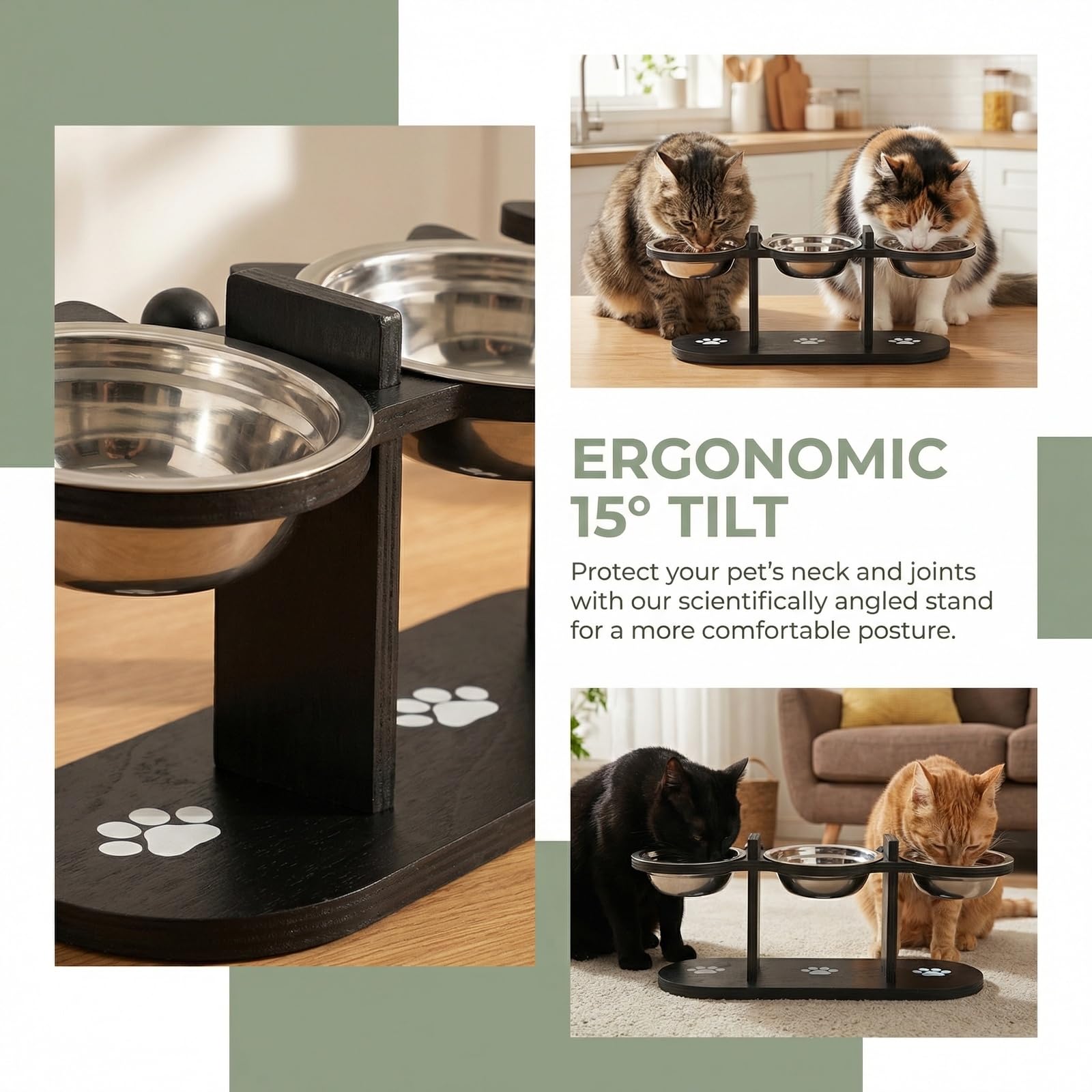 Comedero Gato Elevado,Comedero Perro de Acero Inoxidable, 3x300ml Comederos y Bebederos,con Soporte de Bambú,Altura Ajustable,Inclinación de 15°,para Gatos y Perros pequeños (Negro)