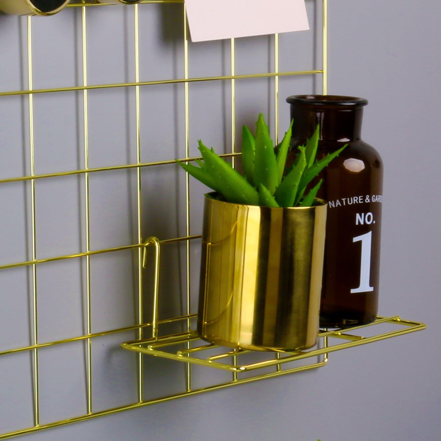 Simmer Stone Gold Wall Grid Panel for Photo Hanging Display & Wall Decoration Organizer, Multi-Functional Wall Storage Display Grid, 10 Clips & 4 Nails Offered, Set of 1, Size 17.7"x37.4"