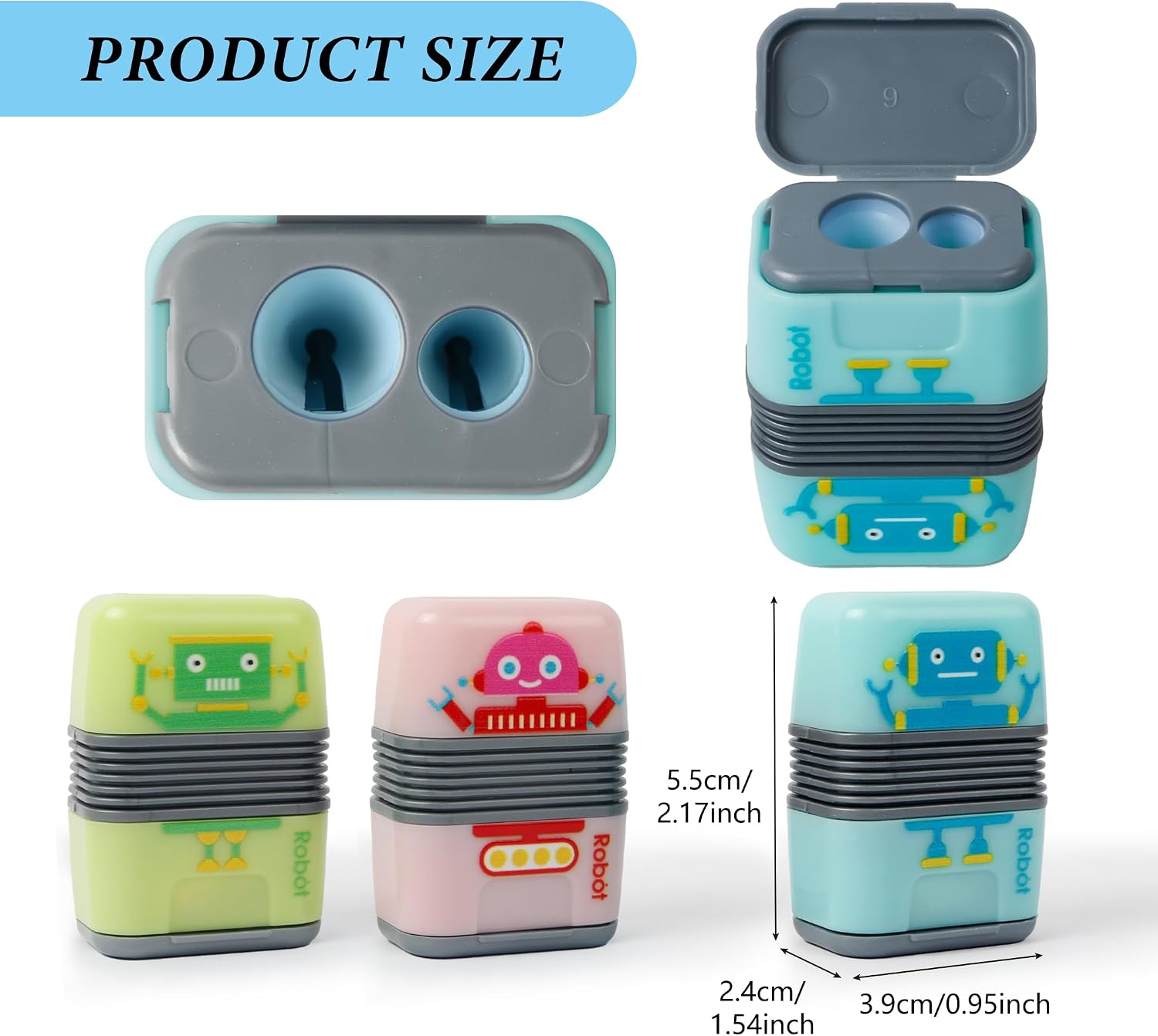 Smilo Robot Pencil Sharpener with Erasers, Dual Hole, 6 Pack image 3