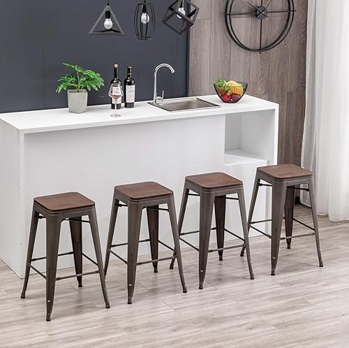 Miniatura 14 de [Juego de 4] Taburete metálico apilable industrial moderno para interior/exterior 17 pulgadas, Metal Plata sin espalda con madera,Sin espalda negro