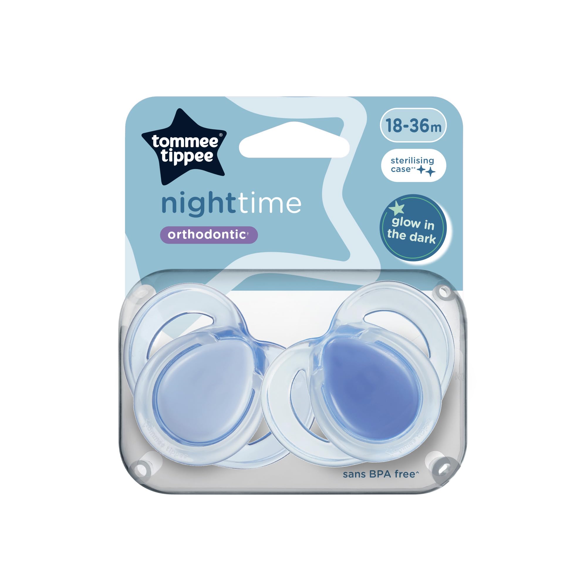 Tommee Tippee Night Time Soothers, Symmetrical Orthodontic Design, BPA-Free Silicone Baglet, Includes Steriliser Box, 18-36m, Pack of 2, Moon
