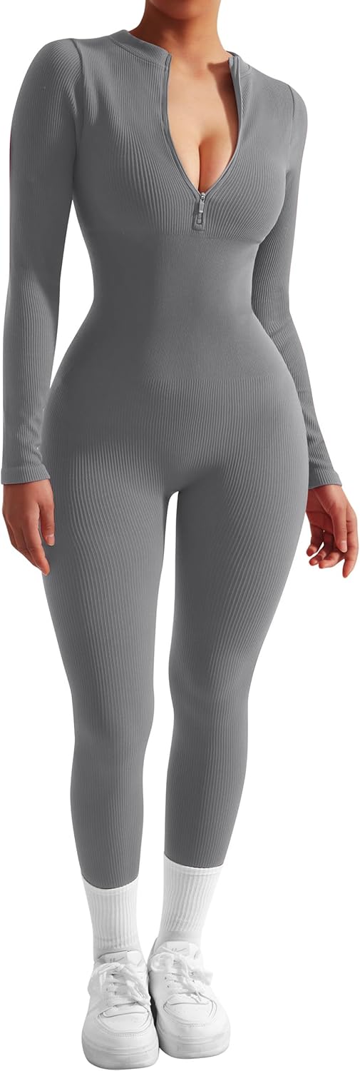 SUUKSESS Women Long Sleeve Ribbed Jumpsuit Zip up Front Workout Bodycon Romper