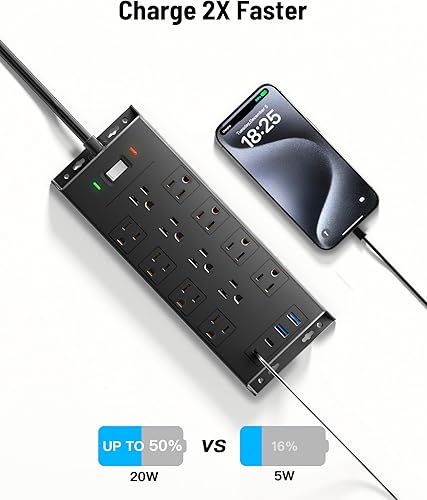 Miniatura 3 de LeZone - Regleta de alimentación PD20W, protector de sobretensiones de 4800 julios, cable de extensión de 10 pies, 12 tomas de corriente con 2