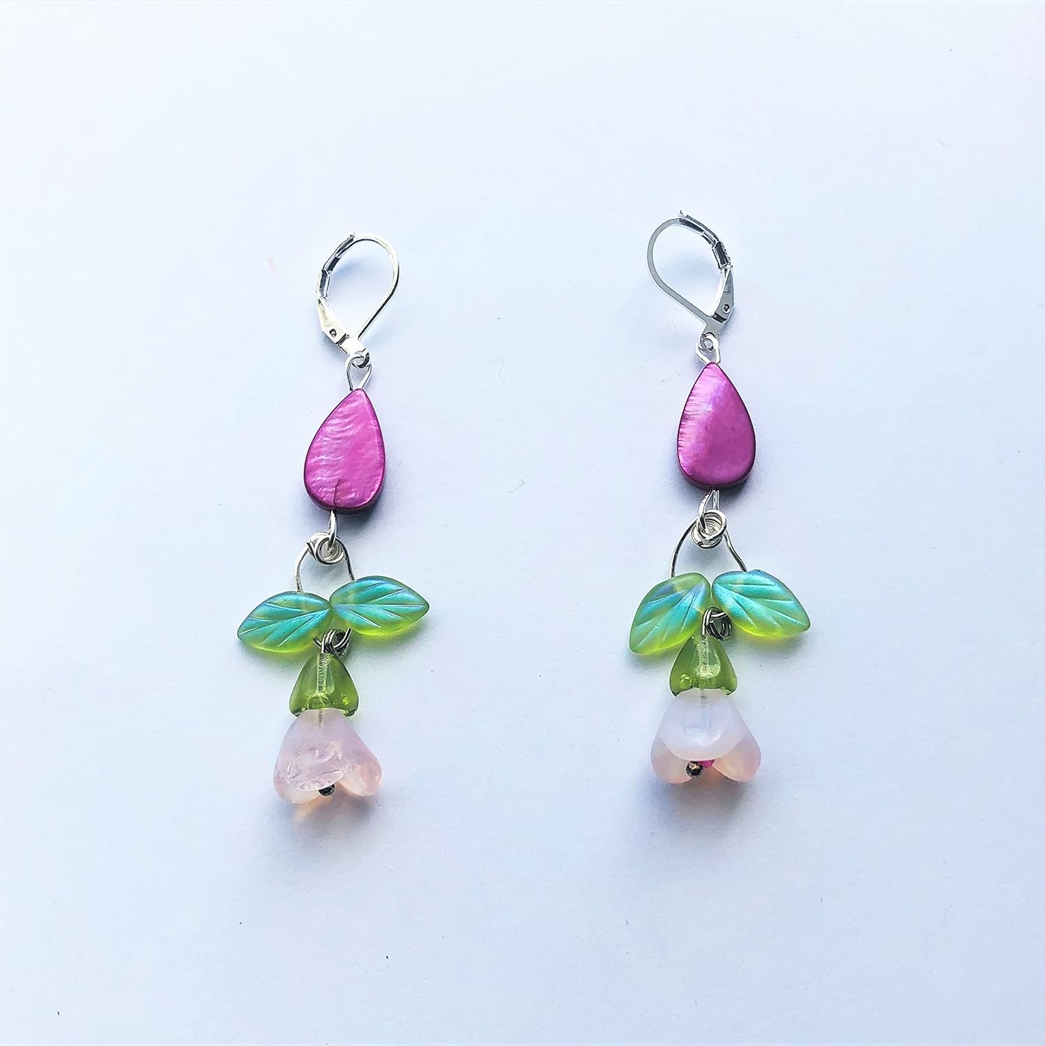Sterling Silver Leverback Floral Earrings Cherry Blossom Flower Green Leaves Mother of Pearl Beads Spring Gift for Women - Image 4