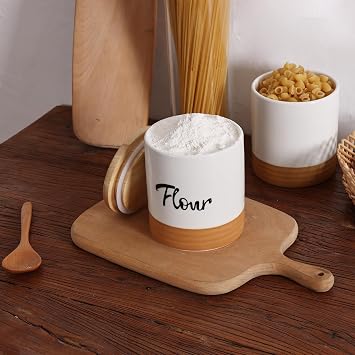 LEETOYI Ceramic Food Storage Containers with Lid, 31oz Farmhouse Kitchen Decor, Countertop Food Storage Caddy Organizer 4.5 Inch (Labeled Flour)