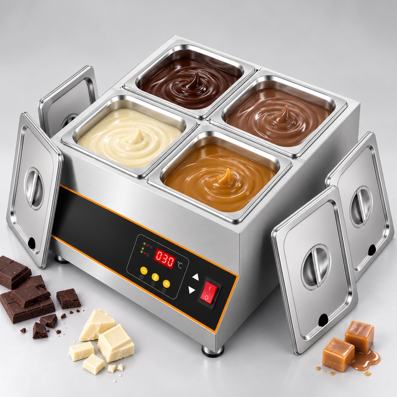 Temperatrice per Cioccolato Elettrica Riscaldatore in Acciaio Inox 12kg 4-Tank