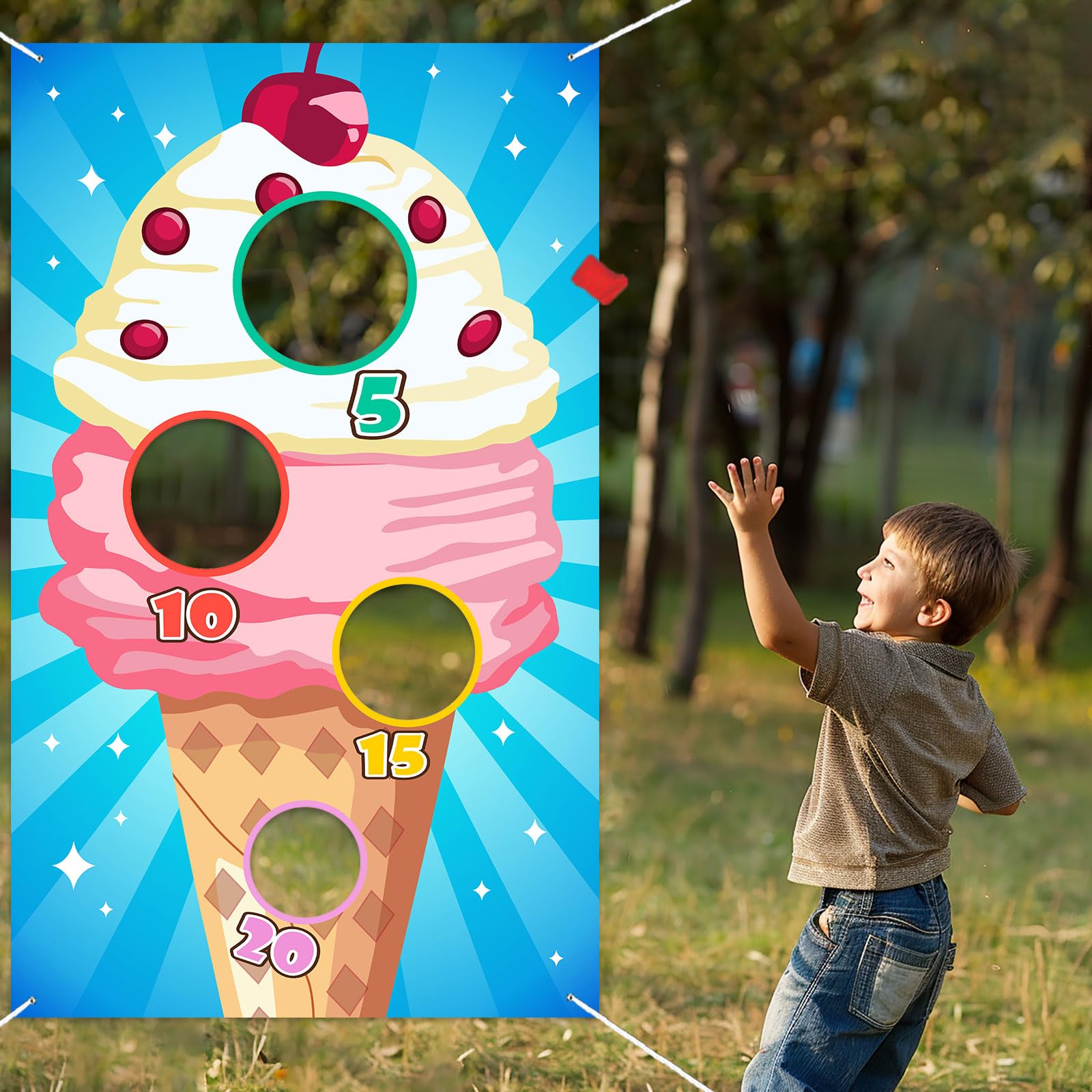 Ice Cream Toss Games Banner Backdrop Background Frozen Dessert Theme Supplies Flag Decor for Indoor Outdoor National Vanilla Ice Cream Day Birthday