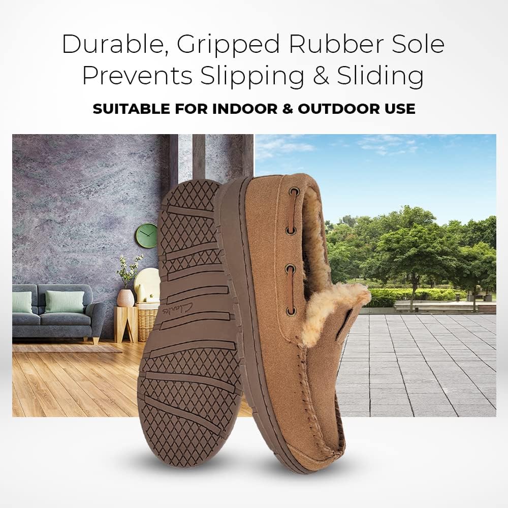 Clarks Mens Suede Venetian Moccasin Slipper LB0534 - Warm Plush Faux Fur Lining - Indoor Outdoor House Slippers For Men Grey US 13M - Image 6