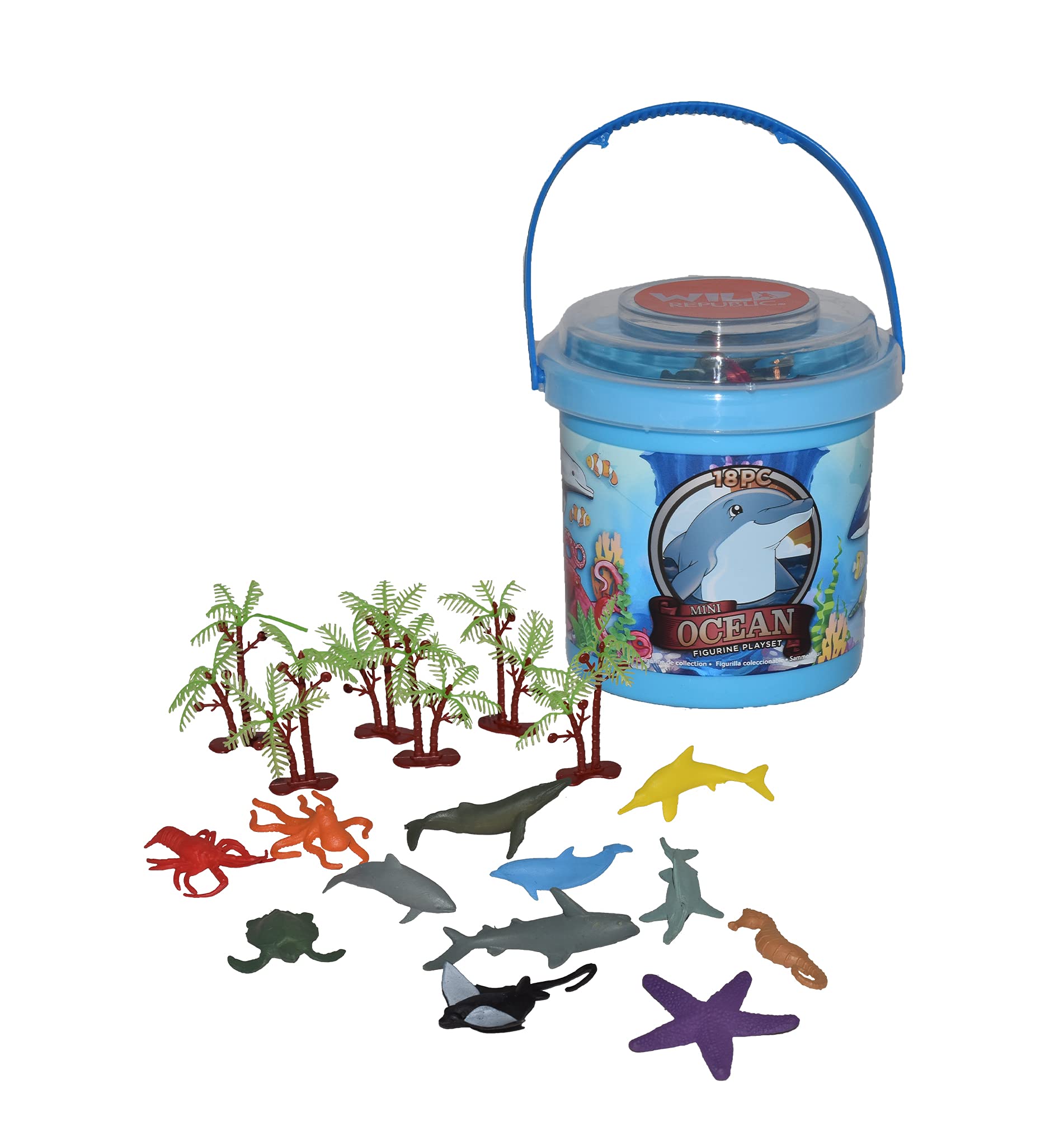 Aquatic Animals Bucket, Toy Figures, Kids Gifts, Ocean Theme Party Supplies, Sea Creatures, 18Piece