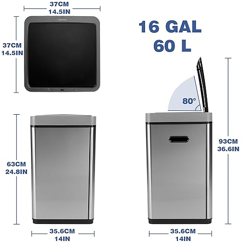 Miniatura 3 de HUG&FKL Bote de basura sin contacto con sensor de 16 galones, funciona con batería de litio, diseño desmontable, acero inoxidable, fácil montaje,