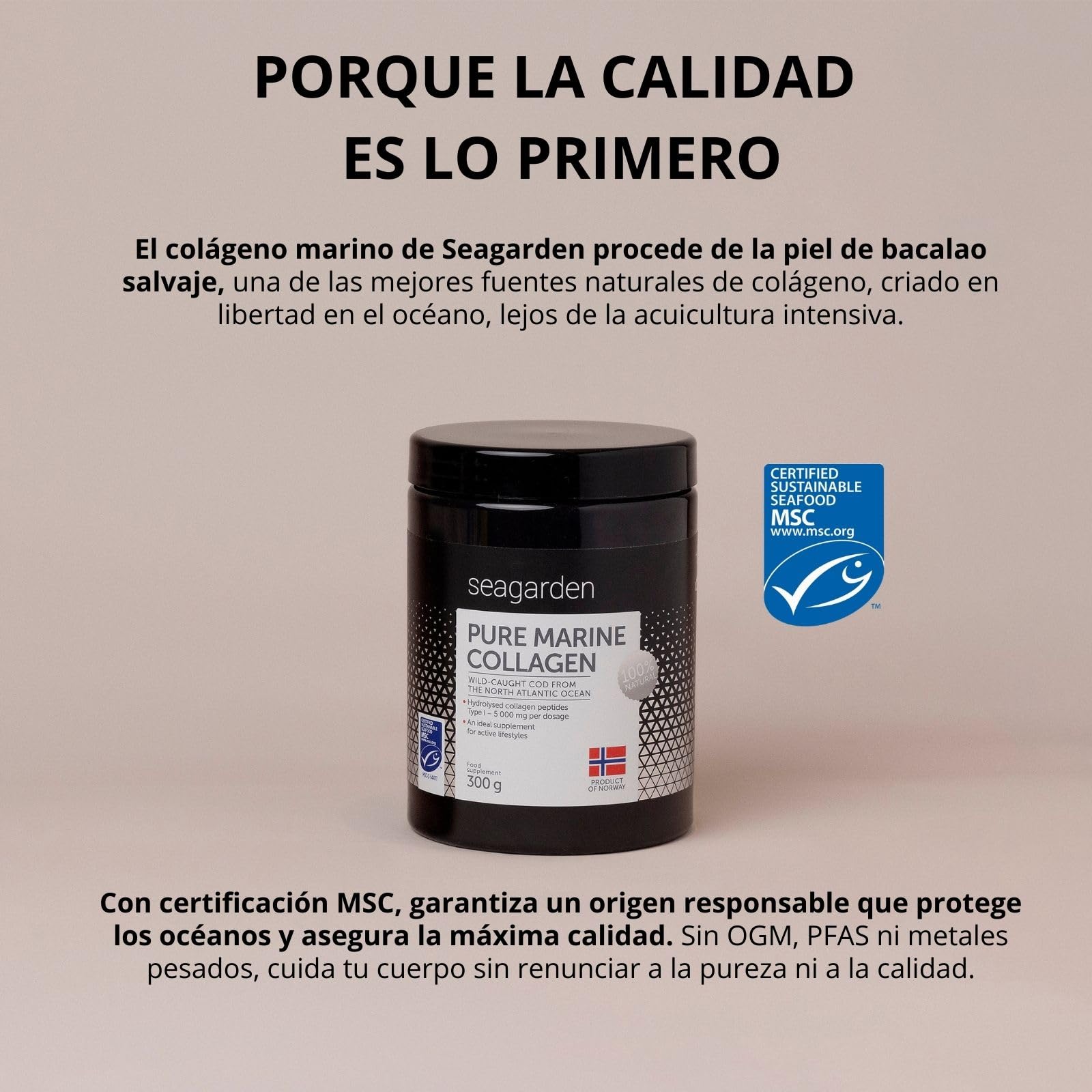Seagarden Polvo de Colágeno Marino Puro 100% Noruego - Colágeno Hidrolizado Tipo I de Bacalao Ártico Salvaje, Para Piel, Cabello, Uñas, Tendones, Músculos - 300 g (2 Meses, Sin Sabor)