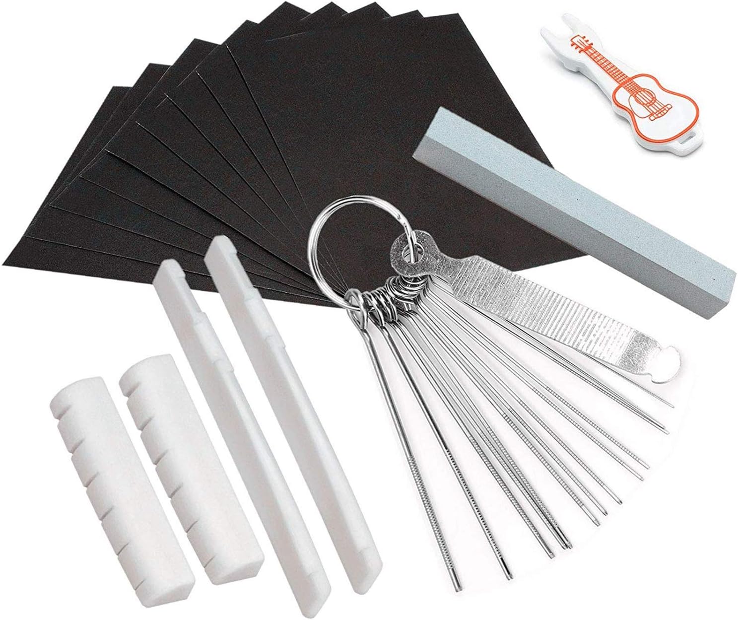 Topus 2 Sets (4pcs) Guitar Bone Bridge Saddle and Nut Made of Real Bone,Include 1 Pc Stainless Steel Grinding Needle File, 1 Pc Pin Puller, 1Pc Grinding Stone, 9 Pcs Sand Paper