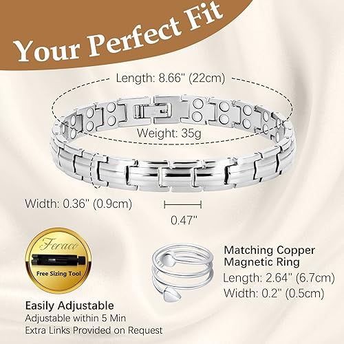 Miniatura 4 de Feraco Pulsera magnética de acero de titanio para mujer con imanes de neodimio, regalos de joyería de Navidad (8.66, plata de fuerza 2X con anillo)