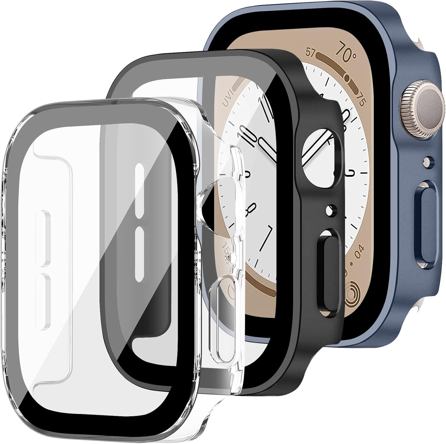 3 Pack Screen Protector Case for Apple Watch Series 9/8/7,Plated Anti-Scratch Ultra Thin All-Around Protective Bumper Shell Cover with HD 9H Tempered Film for iWatch 45mm,Transparent+Black+Silver 45mm-series 9 8 7 Transparent+Black+Midnight blue