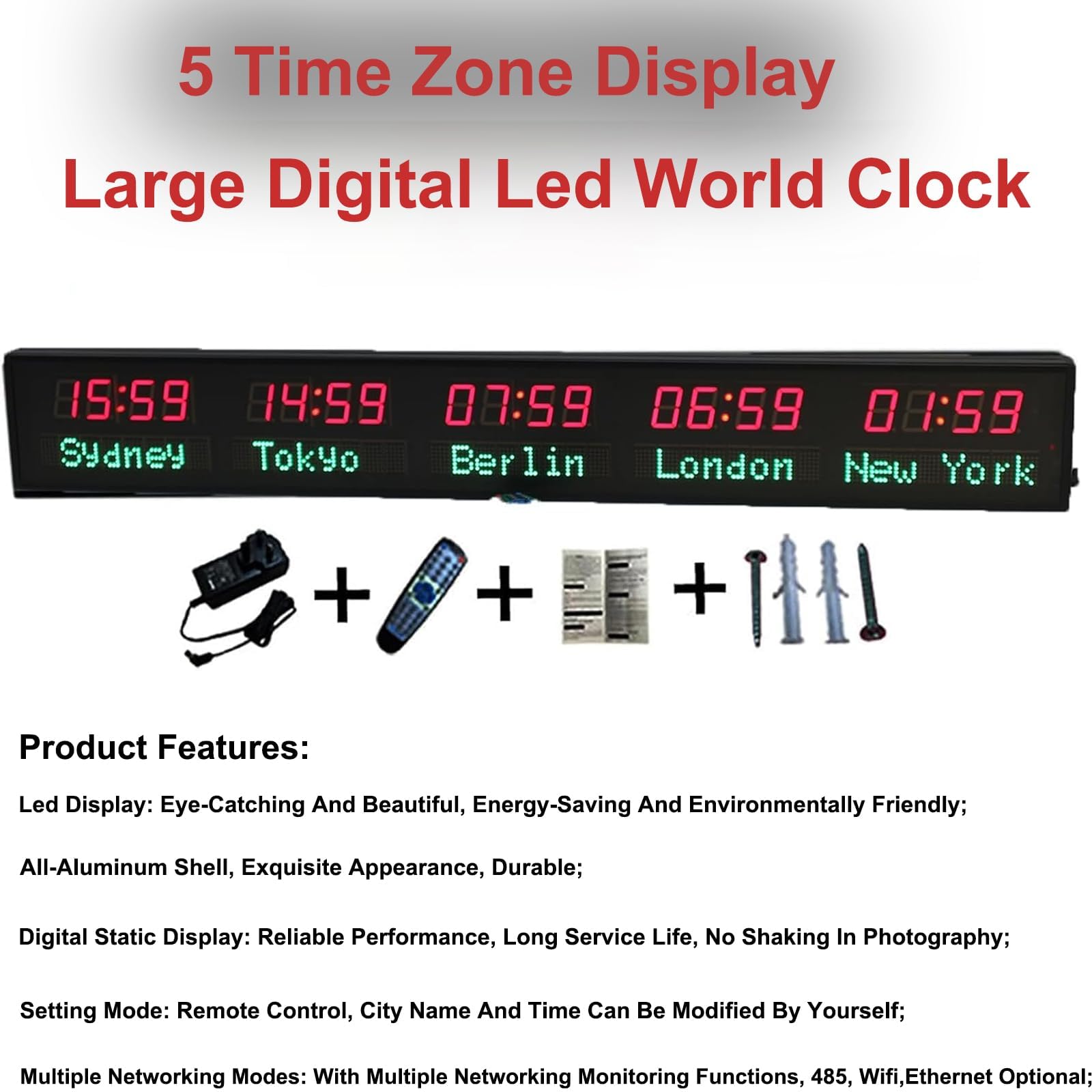 World Time Clock - Orologio da parete a LED, luminosità regolabile, multi fuso orario, in lega di alluminio, per uffici aziendali e alberghi