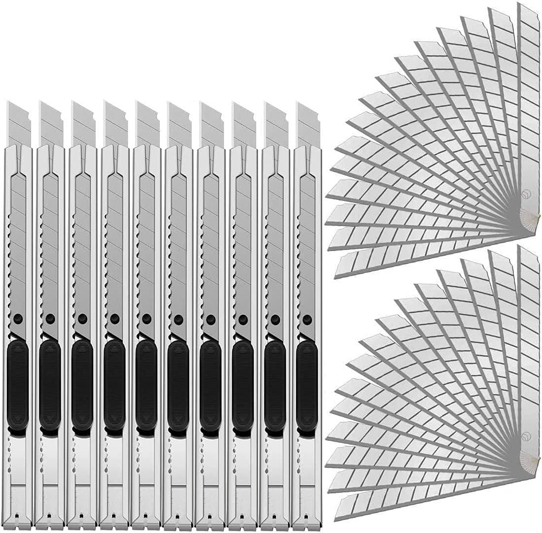 Worison 10pc 9mm Steel Box cutters With 30 Replacement Snap Off Blades for Lightweight Office, Home, Arts Crafts, Hobby etc