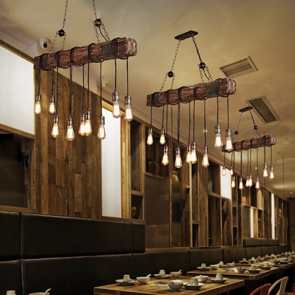 Suspension Lustre Industrielle En Bois Luminaire Noire Vintage Lampe Rétro MéTal Hauteur Abat-jour Pour Restaurant E27 Salon Chambre Cuisine Bar (10-lumières)