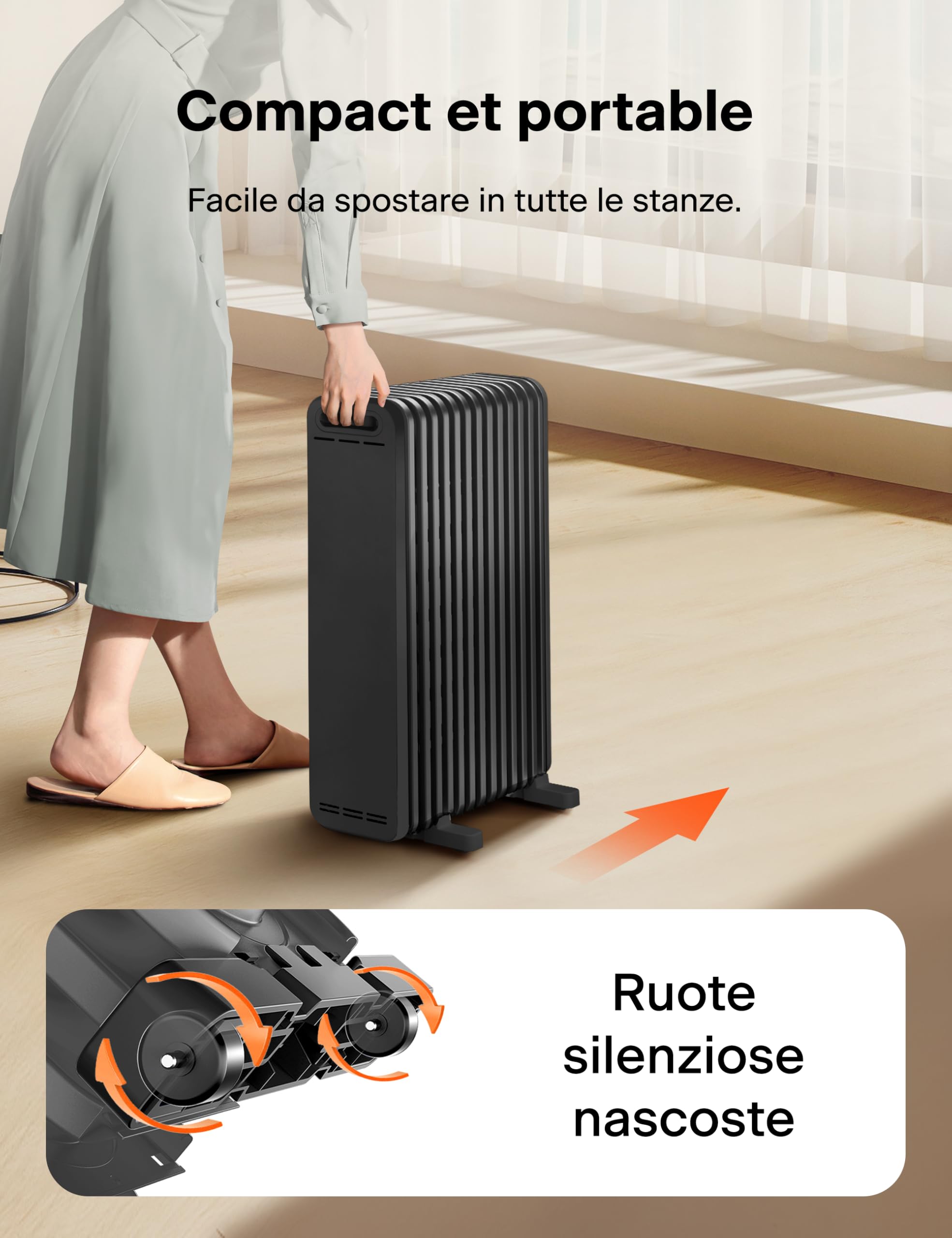 PELONIS Radiador de Aceite 2500W Eficiente, 13 Aletas, Móvil con Termostato, 3 Potencias y Protección contra Sobrecarga, Negro